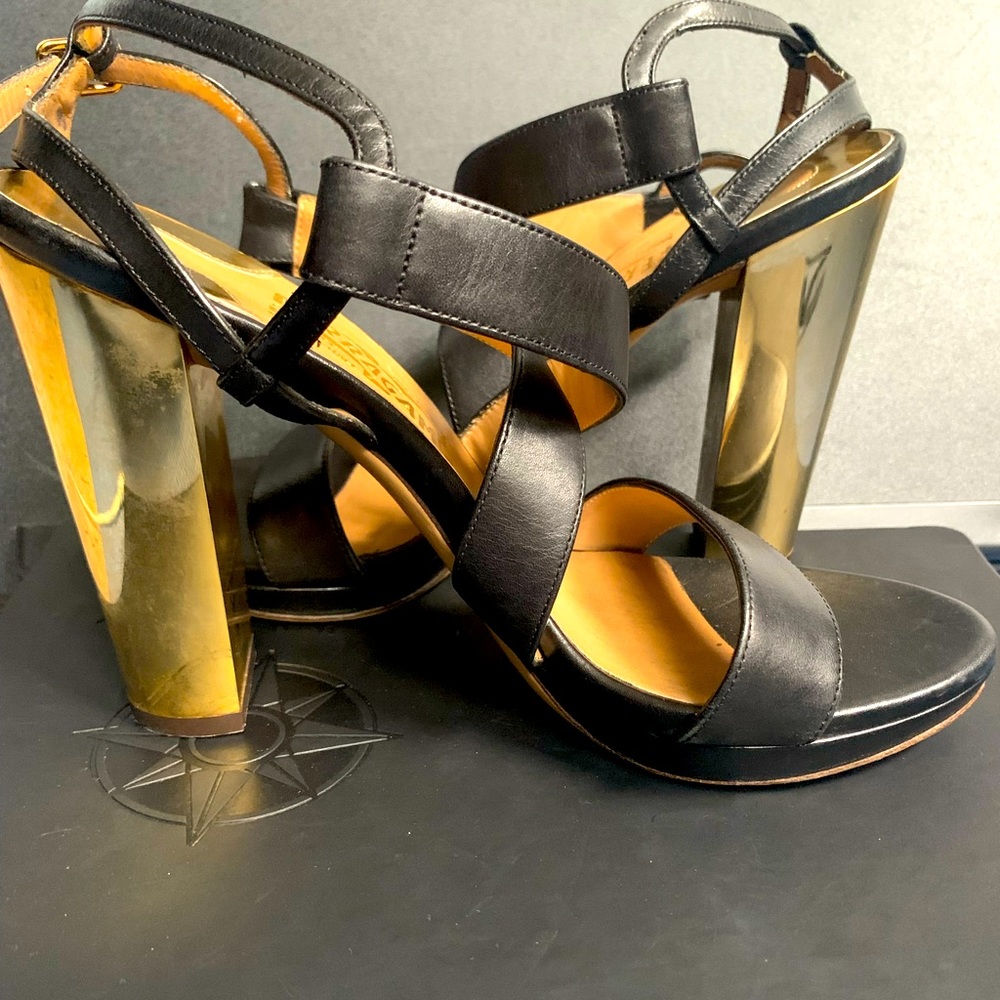 Salvatore Ferragamo Sandals with Gold Mirrored Heels 💎Rare Find💎